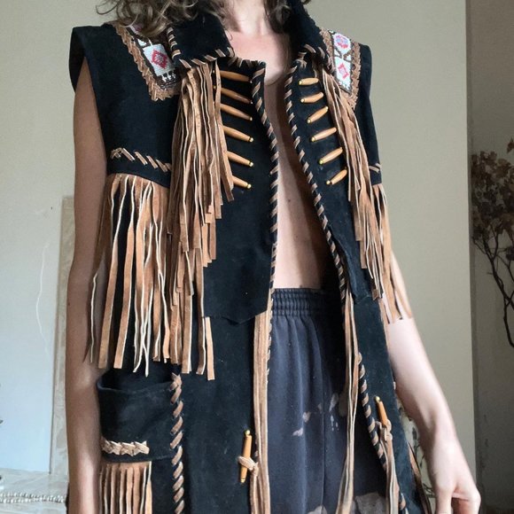 Leather Fringe Southwestern Vest Unisex XL - Picture 3 of 7